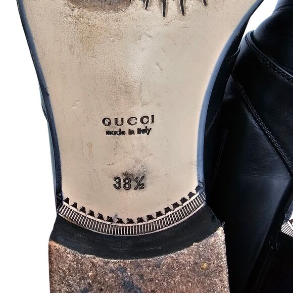 Gucci Worsh Black Leather Chelsea Ankle Boot Size 38.5 US 8.5 Gold Buckle Brogue - Picture 11 of 11